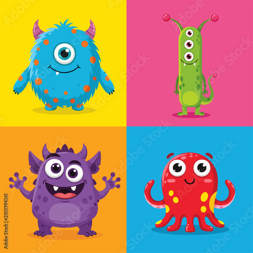 Funny monsters with cheerful faces and bright playful colors