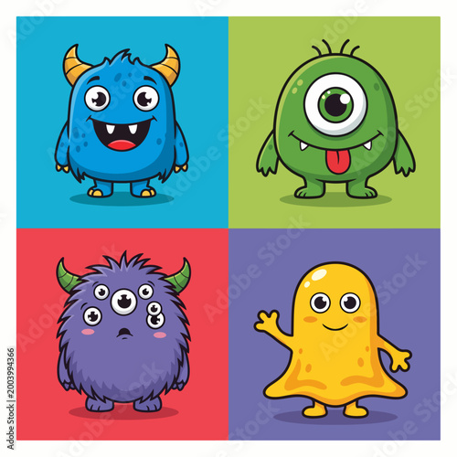Funny monsters with vibrant colors and happy smiling faces