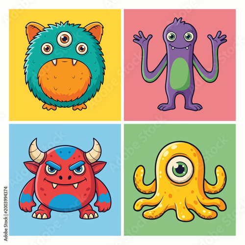 Happy cartoon monsters with bright colors and adorable smiling faces