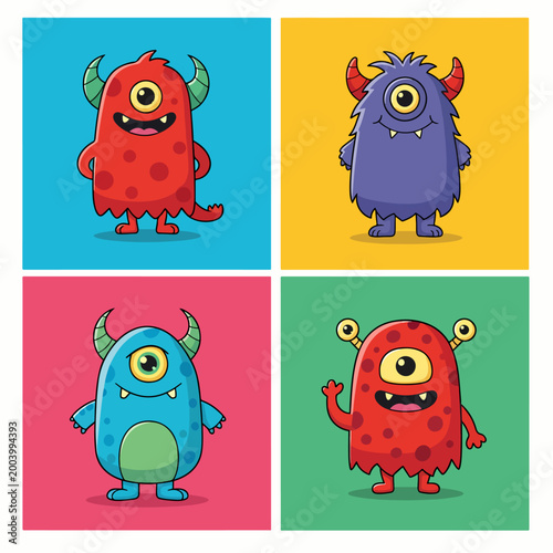Happy creatures with big eyes and playful smiling faces