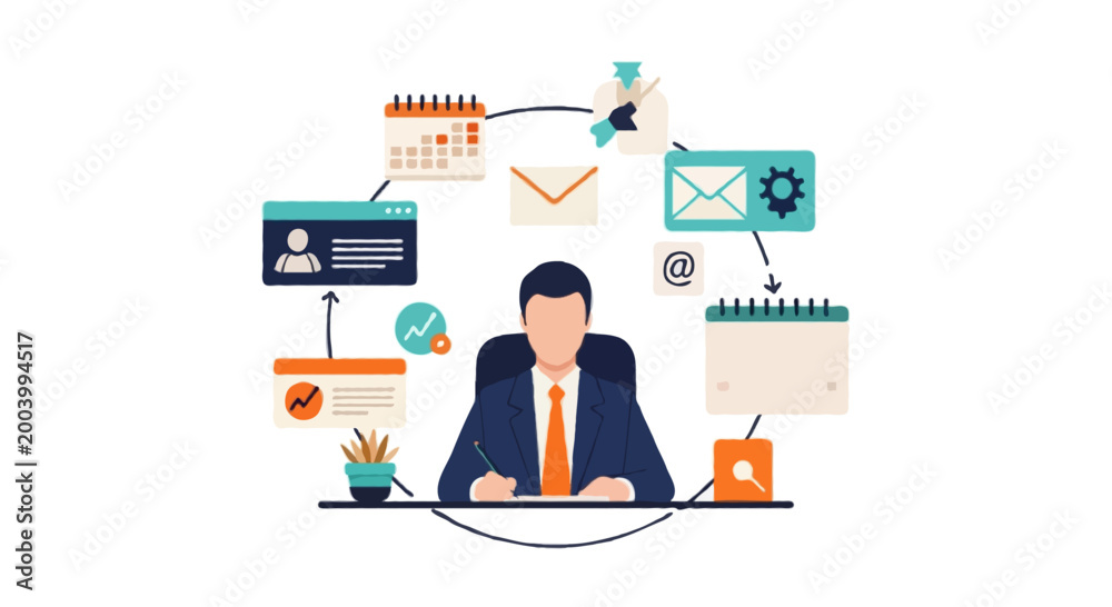 Naklejka premium Productivity Workspace & Digital Tools Ecosystem – Flat Illustration