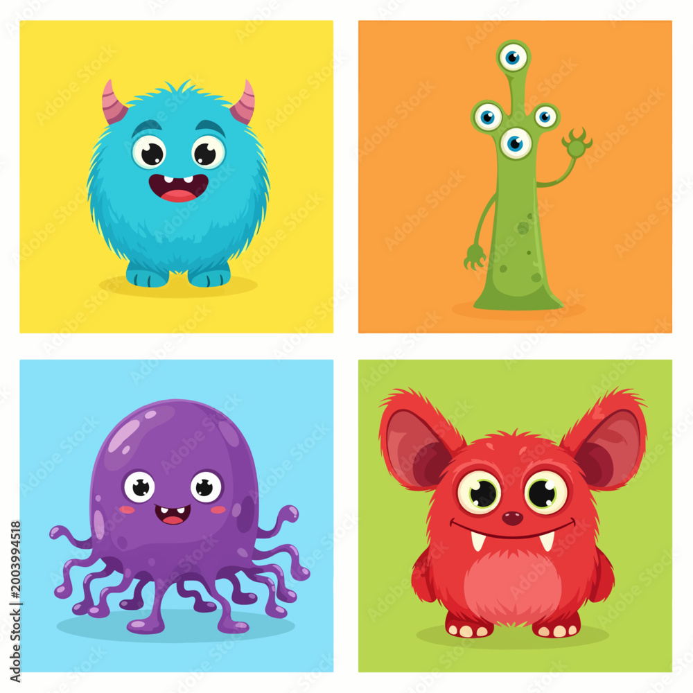 Fototapeta premium Playful cartoon monsters with cheerful expressions and big eyes