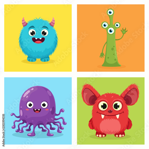 Playful cartoon monsters with cheerful expressions and big eyes