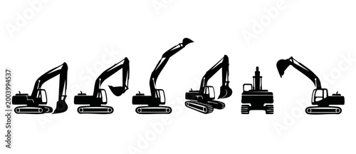 Excavator silhouette set, heavy construction machinery equipment icons, industrial digger vector graphics, isolated black digger machines for building site planning, engineering and development projec