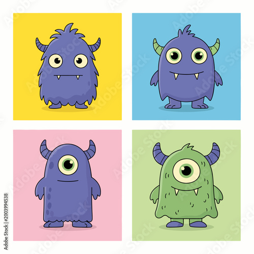 Playful monster friends with big eyes and happy expressions