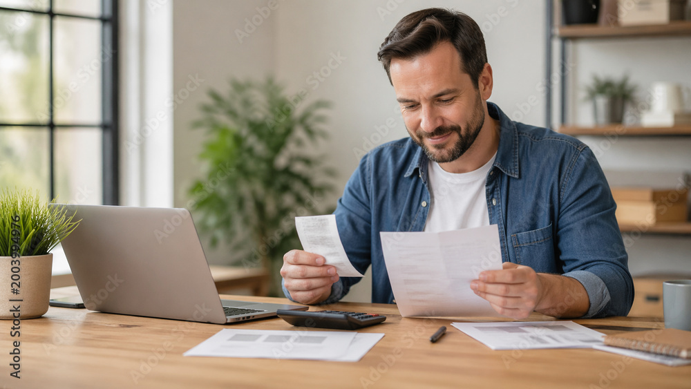 Fototapeta premium Man reviewing tax documents and receipts at home office for personal finance planning