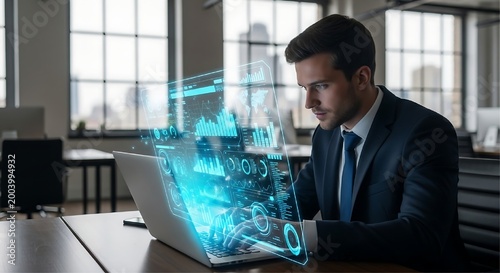 A businessman in a suit types on a laptop while a blue holographic dashboard with a world map and charts floats above the keyboard.