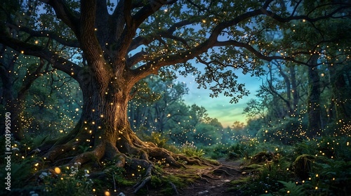 Enchanted forest with a large ancient oak tree illuminated by glowing fireflies at twilight