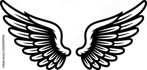 Detailed black graceful angel wings outline with feathers in symmetrical shape on white background
