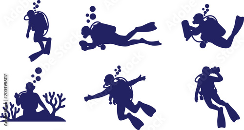 Bilde på lerret Scuba divers in various poses and positions underwater with bubbles and equipmen