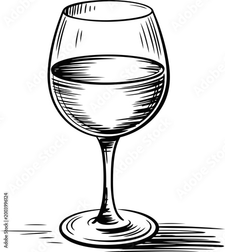 hand drawn black and white illustration of a wine glass filled with liquid, detailed sketch