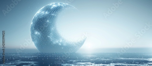 Digital Half-Moon over Serene Ocean at Dawn