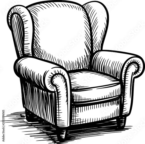 Classic armchair with high back and rolled arms vintage furniture, cozy seating, detailed black and white illustration