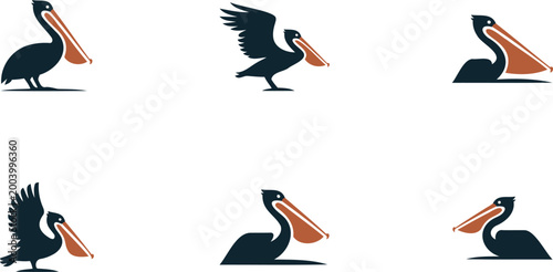 Konstfotografi Six different poses of pelican bird icons in black and orange on white backgroun