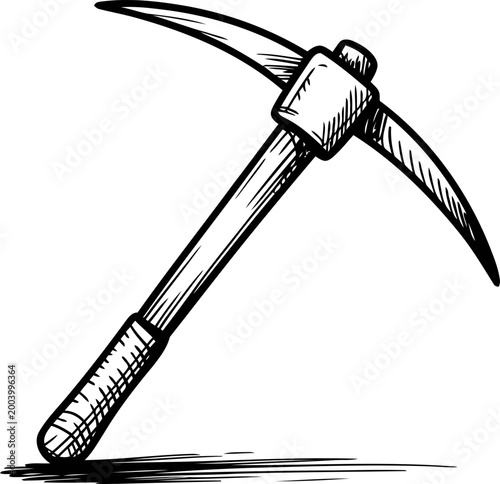 Classic hand drawn pickaxe with wooden handle and curved metal head for mining and digging tasks