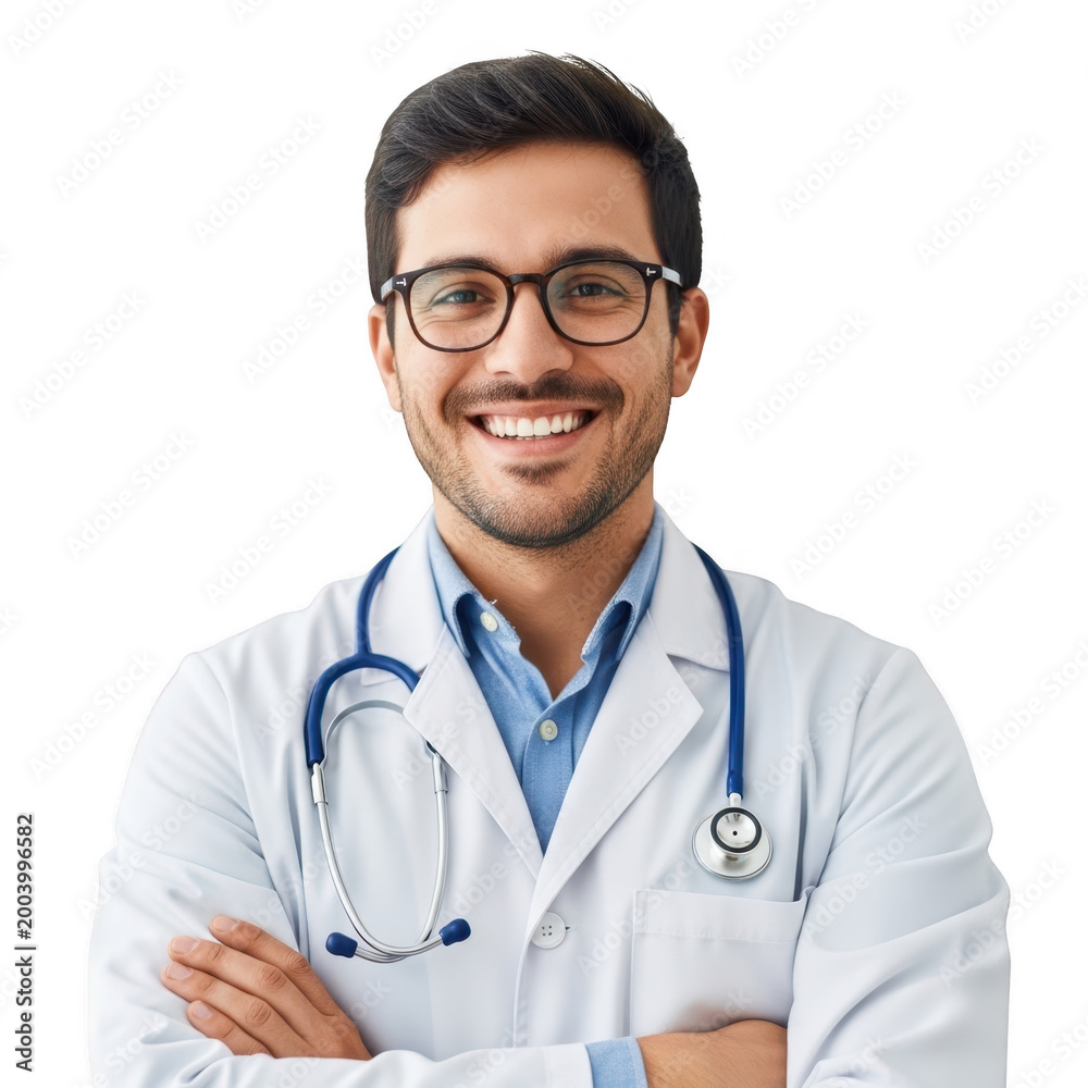 Fototapeta premium Smiling doctor in white coat isolated on transparent background