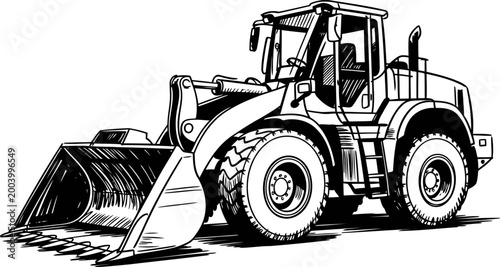 Heavy construction loader with large bucket, detailed black and white industrial equipment illustration
