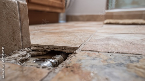 Exposed pipe under broken tile showing slab leak repair and concrete repair scenario with tool and damaged flooring.