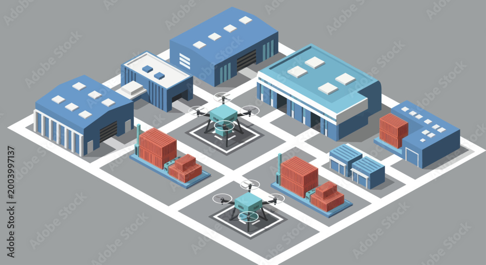 Fototapeta premium Isometric Smart Logistics Hub with Automated Delivery Drones and Trucks.