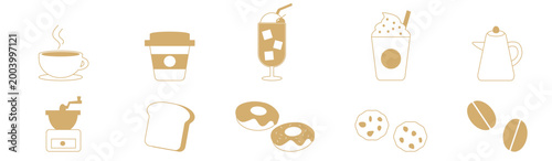 Simple beige cafe drink and dessert icon set, hand drawn style minimal food collection