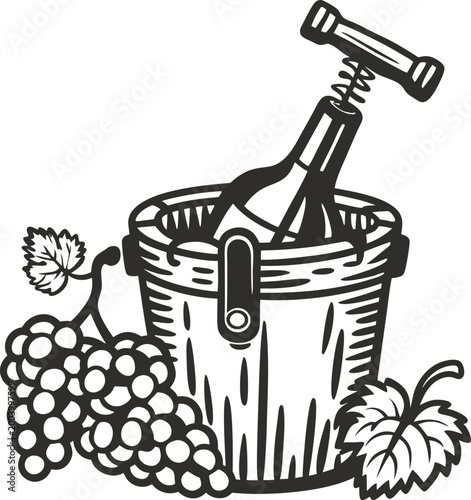 Vintage grape wine bottle in wooden ice bucket with corkscrew, vine leaves and grape cluster illustration