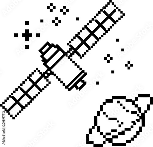 Pixel art satellite orbiting planet with rings space technology illustration, black and white cosmic design