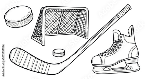 Photography Ice Hockey Equipment Set: Puck, Stick, Net, and Skate - Line Art