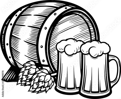 Beer barrel with two frothy mugs and hop cones illustration in vintage