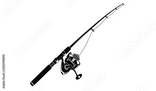 Fotografía A sleek black silhouette of a complete fishing rod and reel setup is displayed a