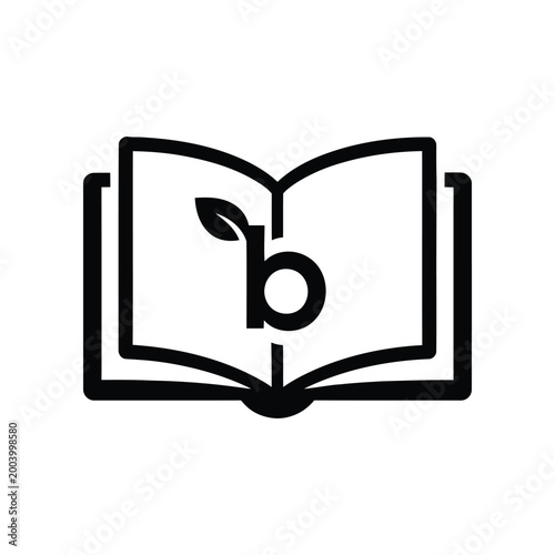 Bild auf Leinwand An open book with the letter 'b' and a small green leaf integrated into its design, symbolizing nature, learning, or bibliography