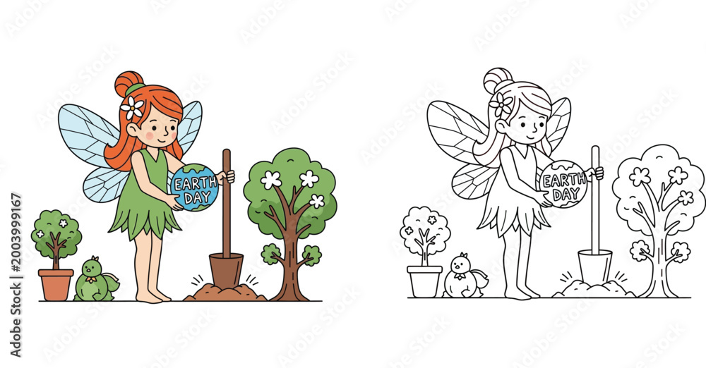 Obraz premium Cute Fairy Planting Tree for Earth Day Coloring Page Vector