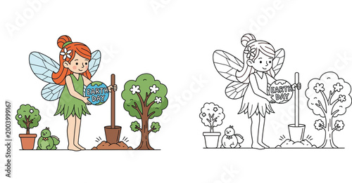 Cute Fairy Planting Tree for Earth Day Coloring Page Vector