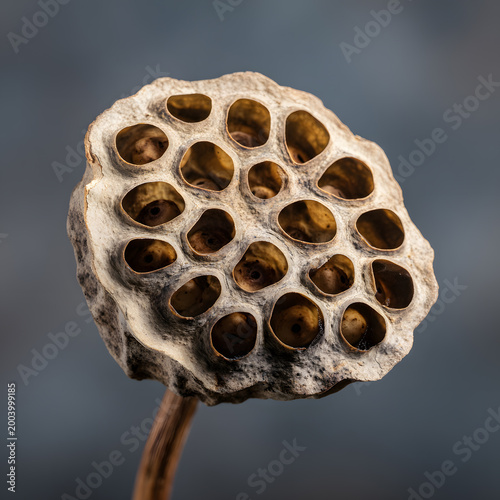 Textured lotus seed pod macro with copy space
