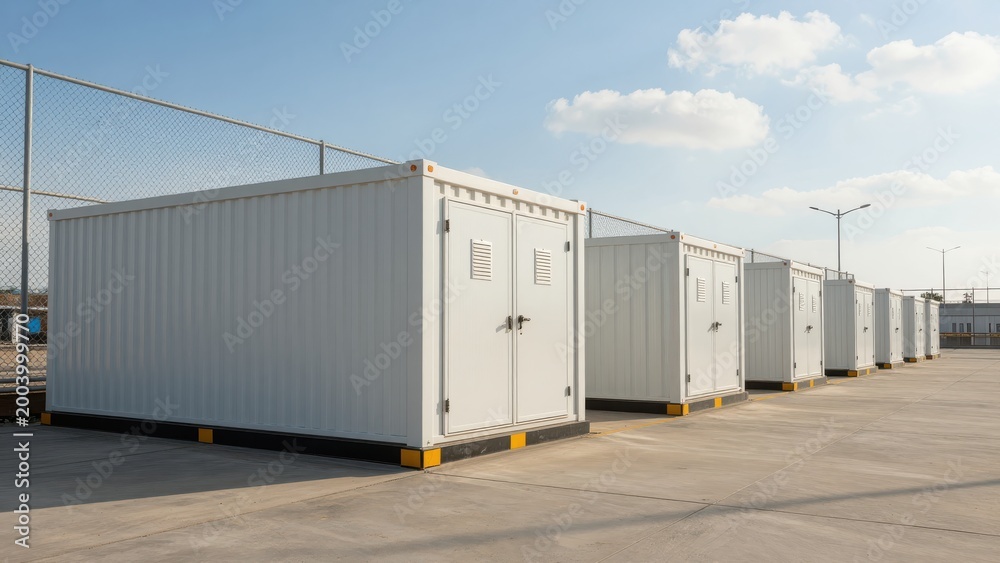 Fototapeta premium White Shipping Container Storage Unit on Empty Industrial Lot