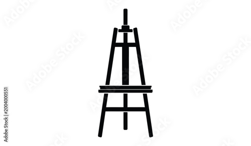 A stark black depiction showcases a wooden artist s easel standing prominently against a plain white background a silhouette high quality professional detailed modern