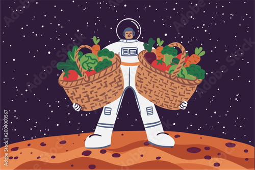 Astronaut standing on the surface of Mars holding large baskets filled with fresh vegetables. Conceptual vector illustration representing Mars colonization