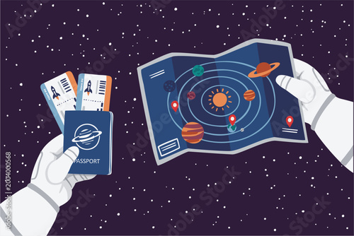 Close-up of an astronaut’s hands holding a travel map and an intergalactic tourist passport with tickets. Concept of  space tourism, futuristic travel, and exploration beyond Earth.