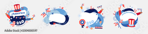 Set of United States of America 250th anniversary celebration badges. Happy 4th of July USA Independence Day graphic elements in modern bold style