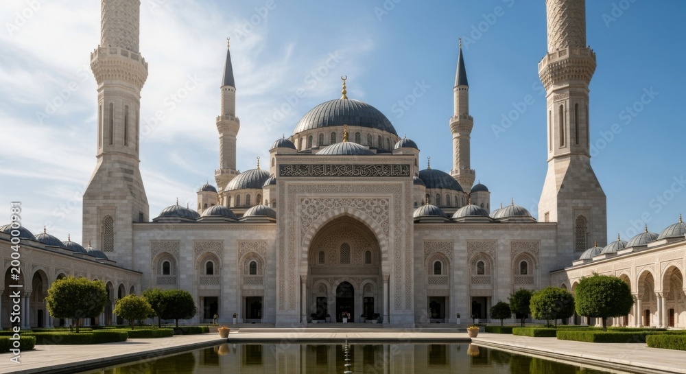 Fototapeta premium Large white mosque with blue domes and tall minarets on a sunny day