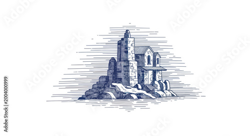 Schilderij op canvas Vintage Engraving of a Historic Stone Building on a Rocky Outcrop
