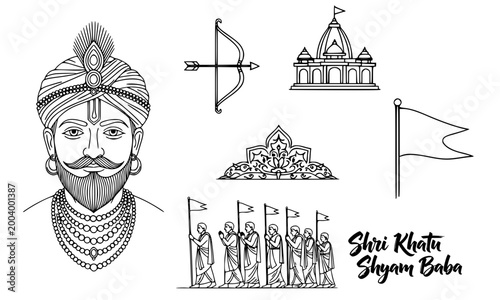 Shri Khatu Shyam Baba sacred element collection featuring warrior, temple, bow, crown, army, and flag outline sketches, a complete Hindu design set perfect for religious festivals and spiritual 