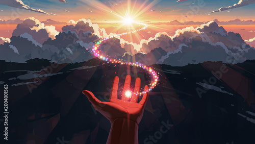 Hands reach for light in the sky during sunset with colorful sparkles in a cloudy landscape Generative AI