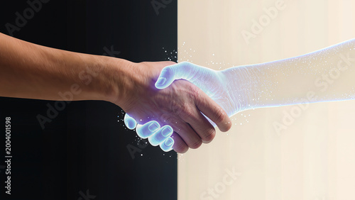 Hands meet in a handshake representing connection between human and digital worlds during a business meeting Generative AI