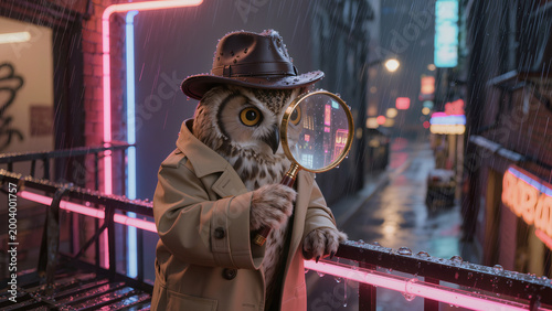 Owl detective holds magnifying glass on rainy city street at night during investigation of mysterious case Generative AI