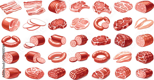 Schilderij op canvas Raw and Processed Meat Products Collection Vector Set With Bacon Steak Sausage a