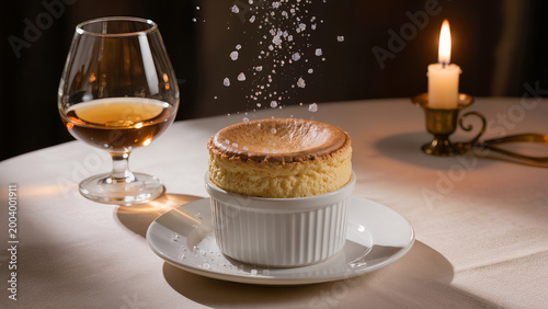 Dessert served in a white dish with sugar sprinkle next to a glass of liquor and a candle on a table at night Generative AI