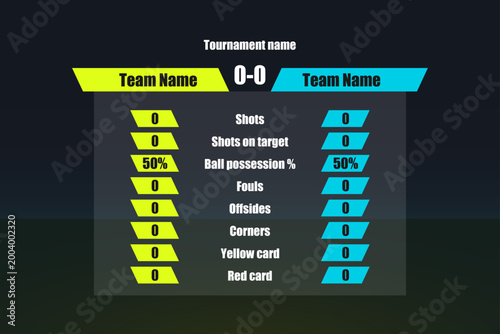 Soccer match statistics infographic template with scoreboard, ball possession, shots on target and fouls comparison comparison