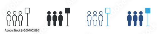 people in line bus stop icon set. queue at bus stand. public transport waiting concept. vector illustration.