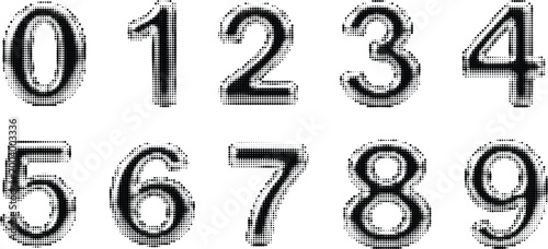 Set of ten numeric digits zero to nine in halftone dot style for design and education vector illustration.