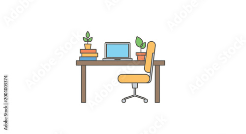 desk setup with laptop chair and plants